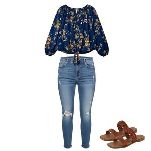 Rewind Floral Off-Shoulder Tie-Front Top Blue Women’s Large NWT